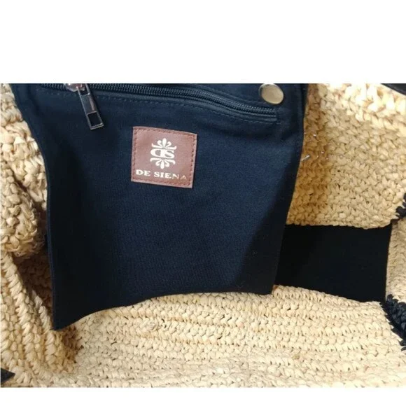 DE SIENA CABO Raffia Tote Bag Natural & Black Beaded Bag Retail $458 - Picture 8 of 10